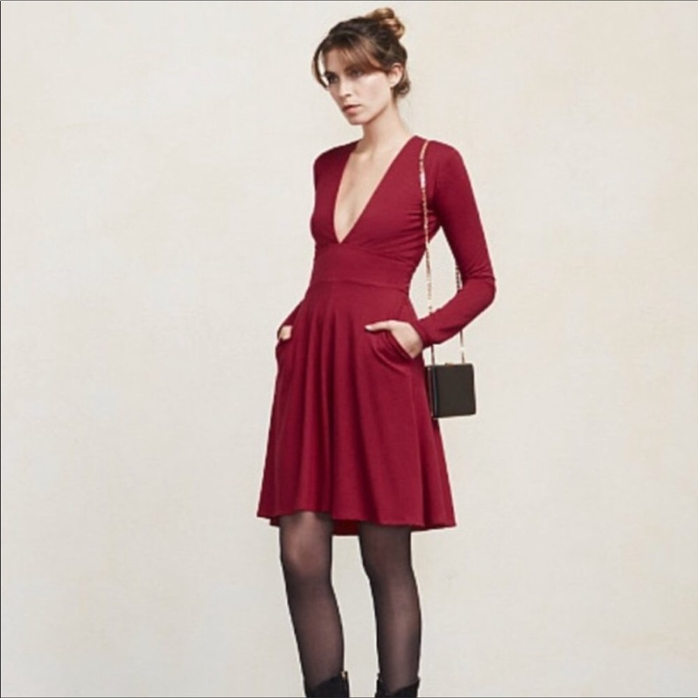 Reformation Meridian Red Deep V Neckline, Long Sleeves and Pockets Mini Dress XS